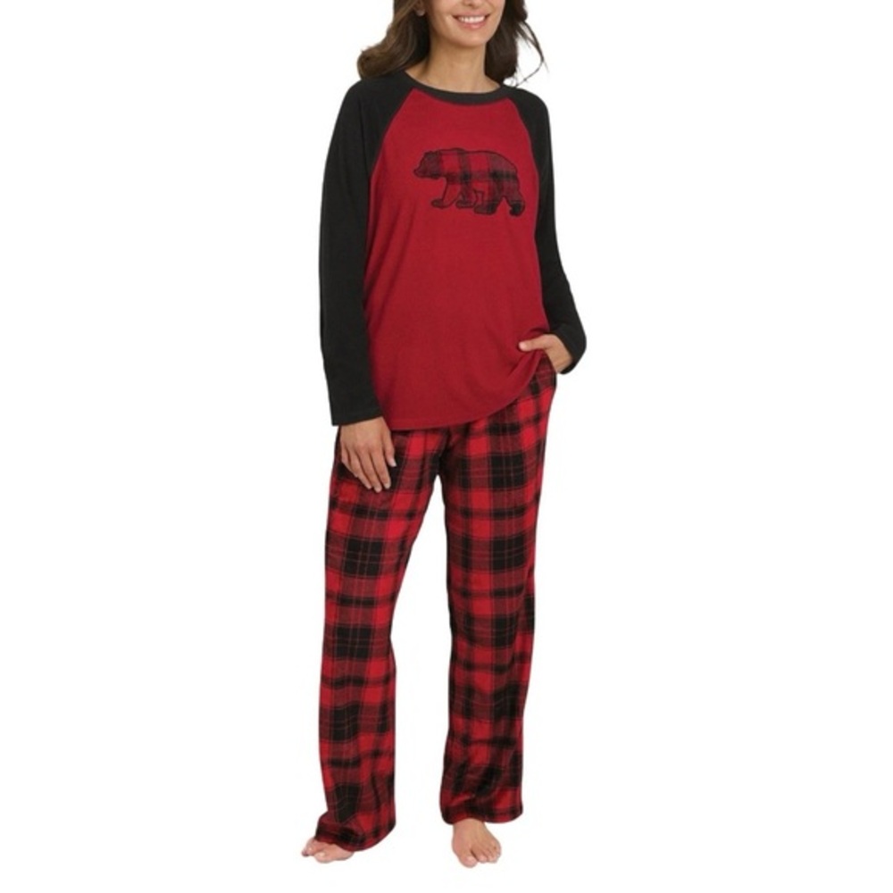 NWT Eddie Bauer Red and Black Plaid Pajama Set with Bear Design Size L